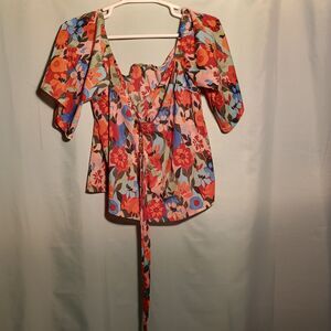 Retro Floral Boho Crop Top – Colorful Puff Sleeve Lace-Up Blouse